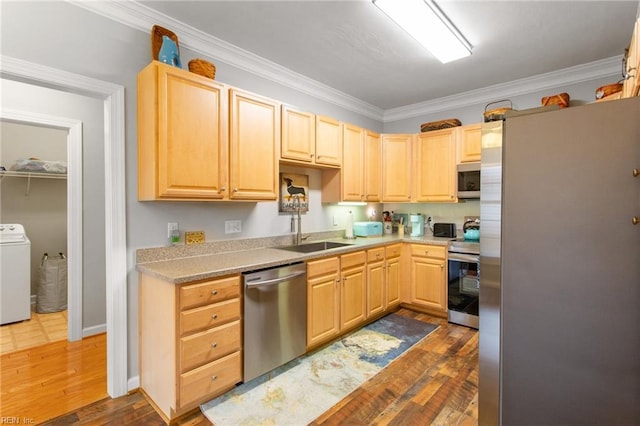kitchen with ornamental molding, washer / clothes dryer, a sink, light brown cabinets, and appliances with stainless steel finishes