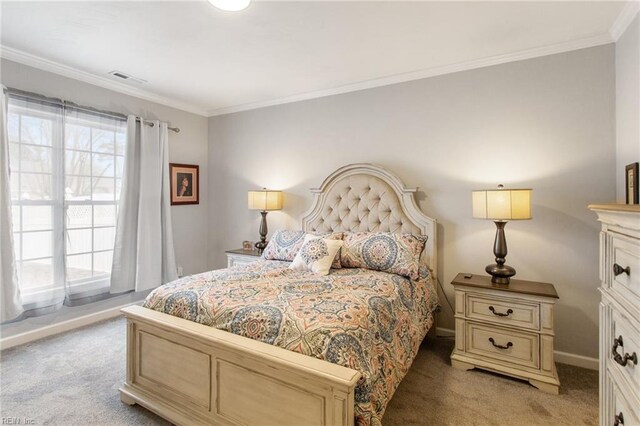 bedroom featuring multiple windows, crown molding, and light carpet