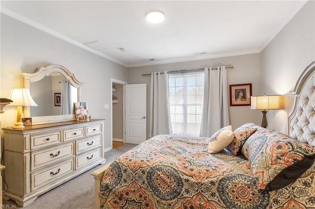bedroom featuring light colored carpet, crown molding, and baseboards