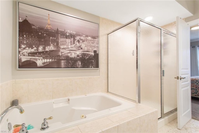 full bath with a tub with jets, connected bathroom, and a stall shower