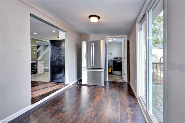 1413 Seward Dr, Hampton, VA 23663 - interior space featuring beverage cooler, stove, wood finished floors, and freestanding refrigerator