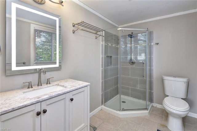1413 Seward Dr, Hampton, VA 23663 - full bathroom with vanity, ornamental molding, toilet, and a shower stall