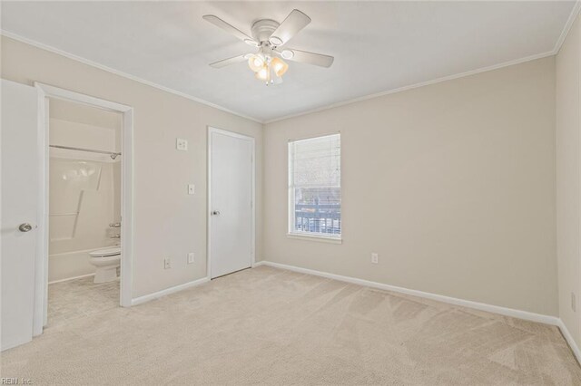 3955 Palomino Dr Unit 201, Newport News, VA 23602 - unfurnished bedroom with connected bathroom, a ceiling fan, light carpet, baseboards, and ornamental molding