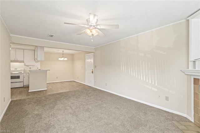3955 Palomino Dr Unit 201, Newport News, VA 23602 - unfurnished living room with crown molding, carpet floors, visible vents, and ceiling fan with notable chandelier