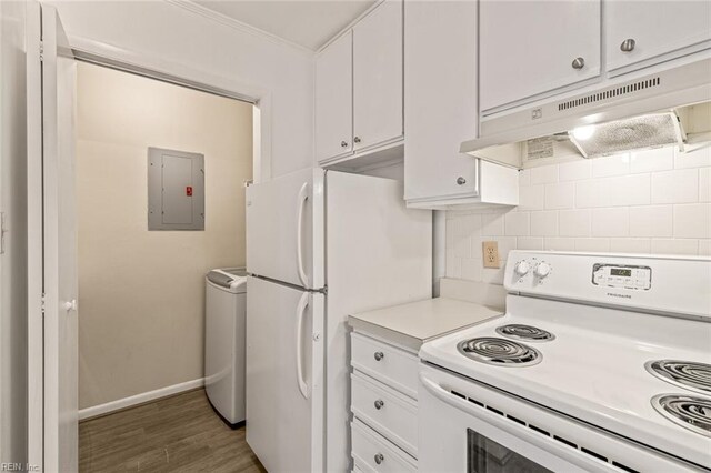 3955 Palomino Dr Unit 201, Newport News, VA 23602 - kitchen featuring light countertops, electric panel, white appliances, tasteful backsplash, and under cabinet range hood