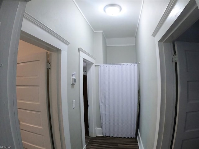 corridor featuring baseboards, ornamental molding, and wood finished floors