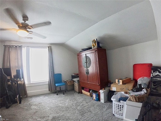 bonus room featuring lofted ceiling, visible vents, a ceiling fan, and carpet floors