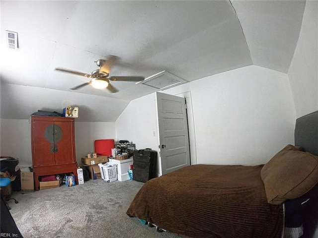 bedroom with lofted ceiling, ceiling fan, visible vents, and carpet floors