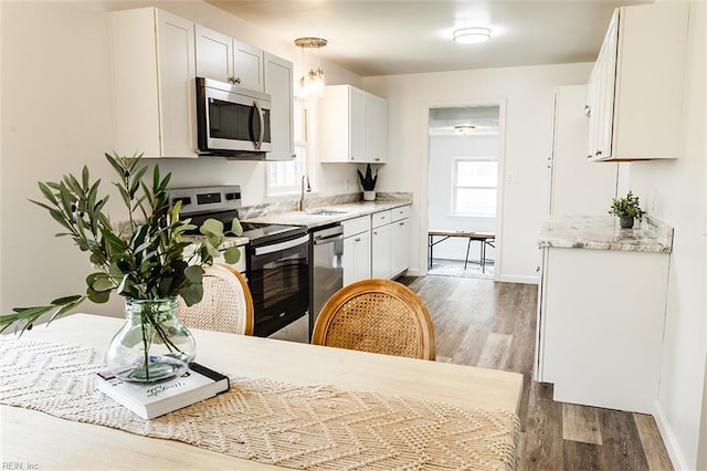 kitchen with a sink, stainless steel appliances, dark wood-type flooring, and plenty of natural light
