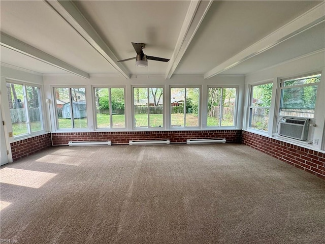 97 Waterview Dr, Newport News, VA 23608 - unfurnished sunroom featuring beam ceiling, a baseboard heating unit, and brick wall