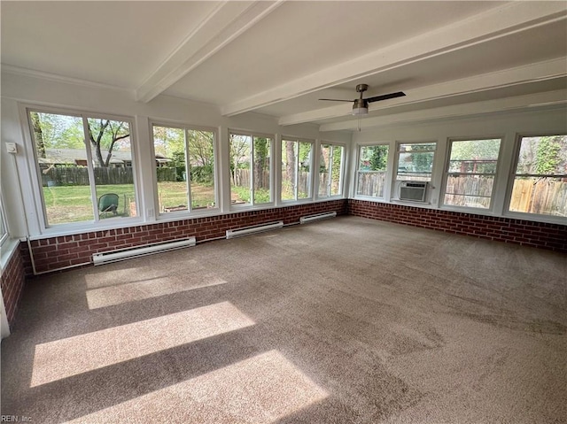 97 Waterview Dr, Newport News, VA 23608 - unfurnished sunroom featuring ceiling fan, beam ceiling, and a baseboard radiator
