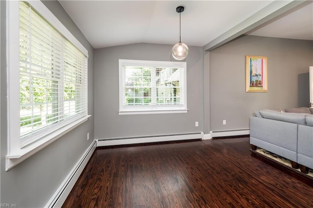interior space featuring a baseboard radiator, a healthy amount of sunlight, wood finished floors, and lofted ceiling