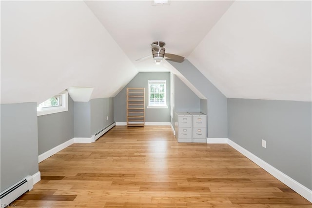 bonus room with light wood-style floors, baseboard heating, and baseboards