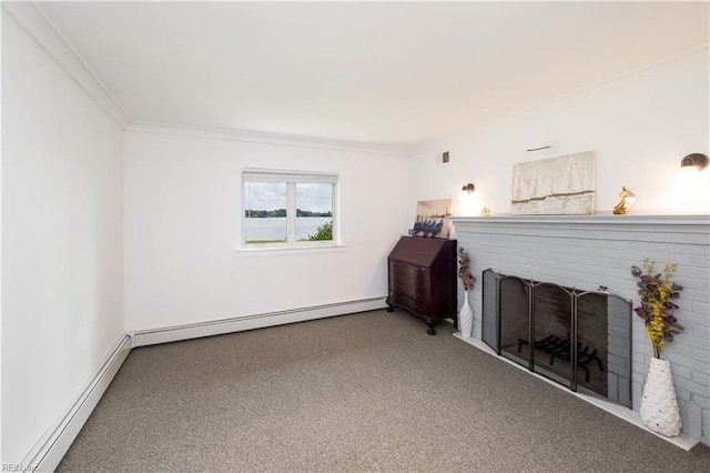 carpeted living room featuring ornamental molding, a baseboard radiator, a baseboard heating unit, and baseboards