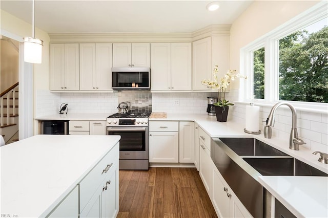 kitchen featuring tasteful backsplash, a sink, dark wood-style floors, and stainless steel appliances