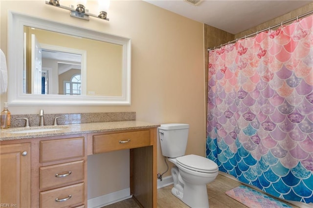 full bathroom featuring vanity, a shower with curtain, visible vents, toilet, and tile patterned floors