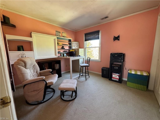 carpeted home office with crown molding, baseboards, and visible vents