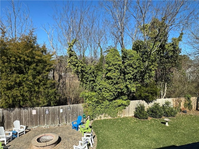 view of yard featuring a patio, a fenced backyard, and an outdoor fire pit