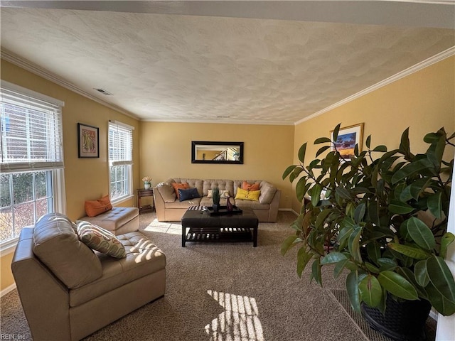 living room featuring carpet, visible vents, and crown molding