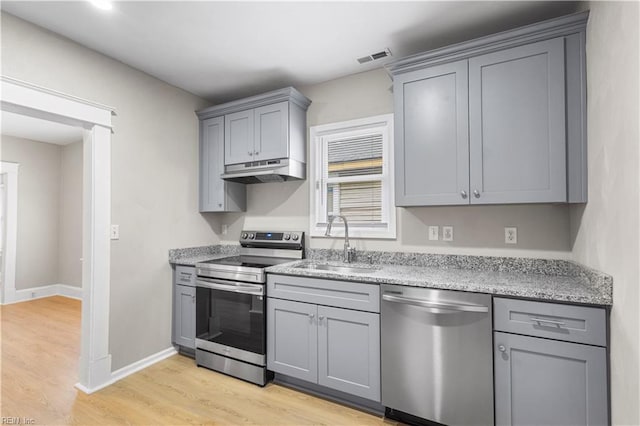 2916 Somme Ave, Norfolk, VA 23509 - kitchen with appliances with stainless steel finishes, gray cabinetry, under cabinet range hood, a sink, and light wood-style flooring