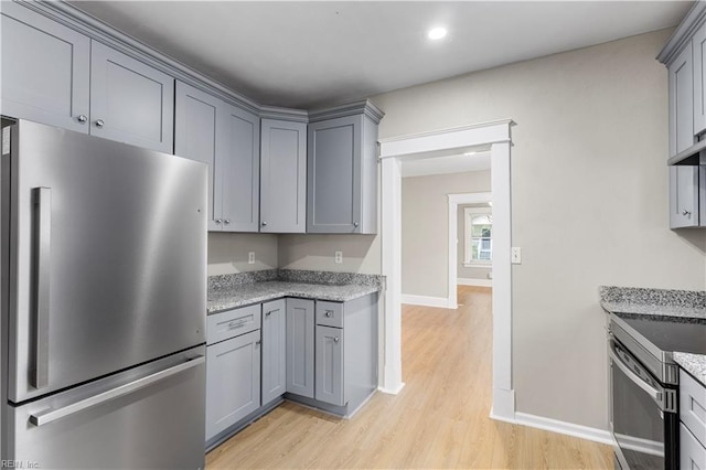 2916 Somme Ave, Norfolk, VA 23509 - kitchen featuring appliances with stainless steel finishes, gray cabinets, light wood finished floors, baseboards, and recessed lighting