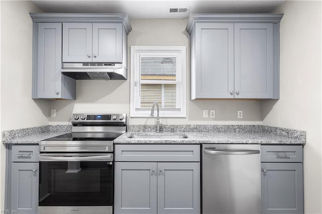 2916 Somme Ave, Norfolk, VA 23509 - kitchen with stainless steel appliances, under cabinet range hood, gray cabinetry, and a sink