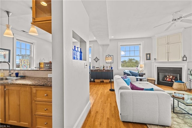 429 York St W Unit 3A, Norfolk, VA 23510 - living area with a wealth of natural light, a glass covered fireplace, light wood finished floors, and a ceiling fan
