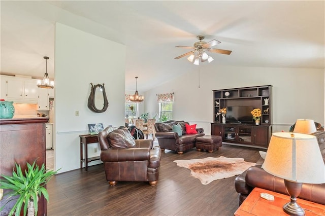 living area with dark wood-style floors, lofted ceiling, and ceiling fan with notable chandelier