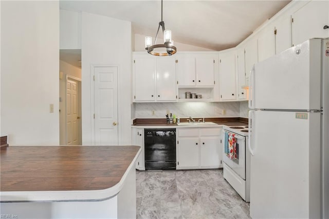 kitchen with white cabinetry, dark countertops, white appliances, and vaulted ceiling
