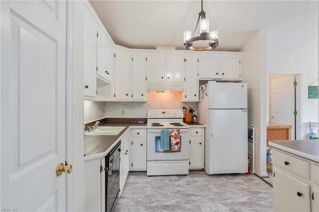 kitchen featuring white appliances, white cabinetry, under cabinet range hood, pendant lighting, and a sink
