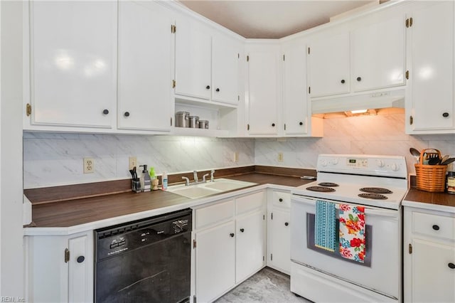 kitchen with open shelves, white range with electric stovetop, dishwasher, a sink, and under cabinet range hood