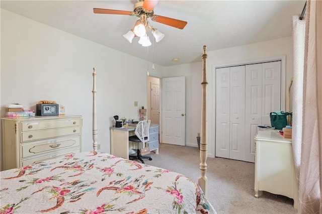 bedroom featuring a closet, a ceiling fan, and light carpet