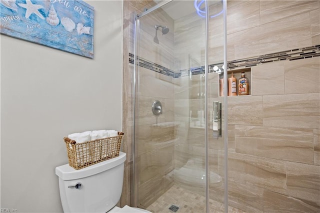 bathroom with toilet and a stall shower