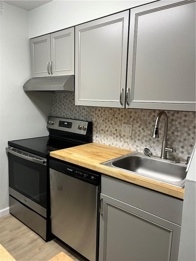 161 Haverford Ct Unit 2, Hampton, VA 23666 - kitchen featuring appliances with stainless steel finishes, under cabinet range hood, a sink, light wood-style flooring, and gray cabinetry