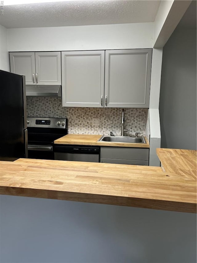 161 Haverford Ct Unit 2, Hampton, VA 23666 - kitchen with butcher block countertops, a sink, stainless steel electric range, gray cabinets, and dishwashing machine