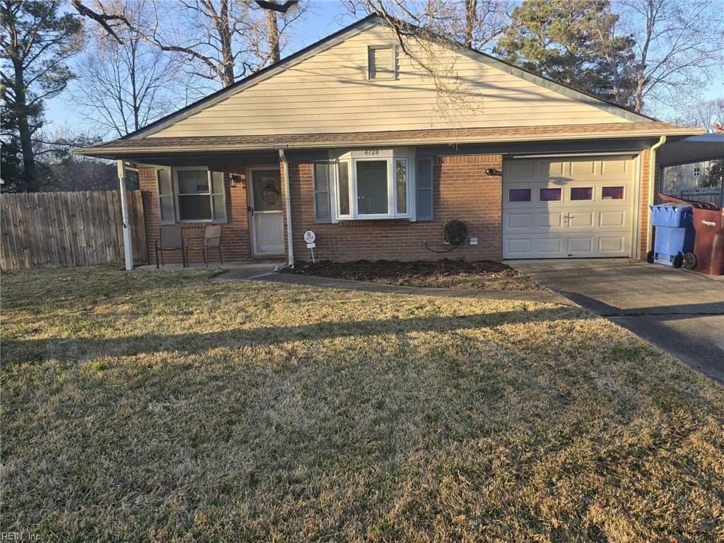 bungalow featuring a front yard, an attached garage, fence, concrete driveway, and brick siding