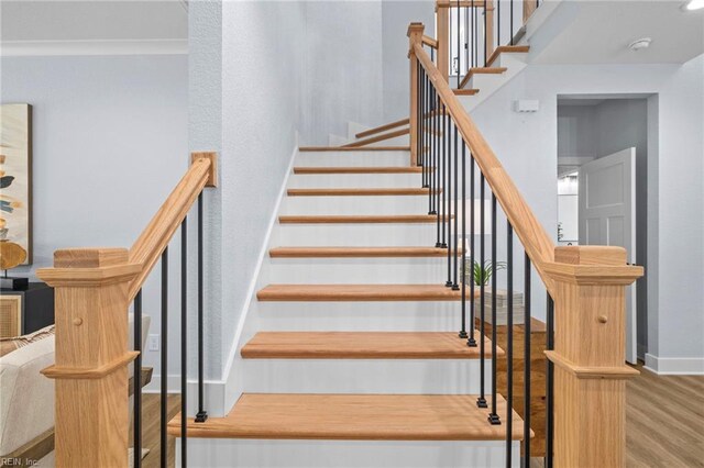 3545 Winston Ave, Virginia Beach, VA 23456 - staircase featuring ornamental molding, baseboards, and wood finished floors