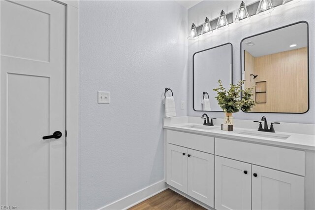 3545 Winston Ave, Virginia Beach, VA 23456 - bathroom with double vanity, baseboards, a sink, and wood finished floors