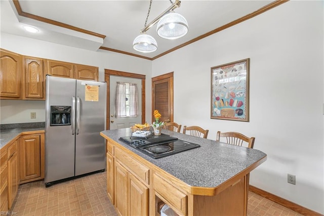 kitchen featuring baseboards, stainless steel refrigerator with ice dispenser, crown molding, brick floor, and black electric stovetop