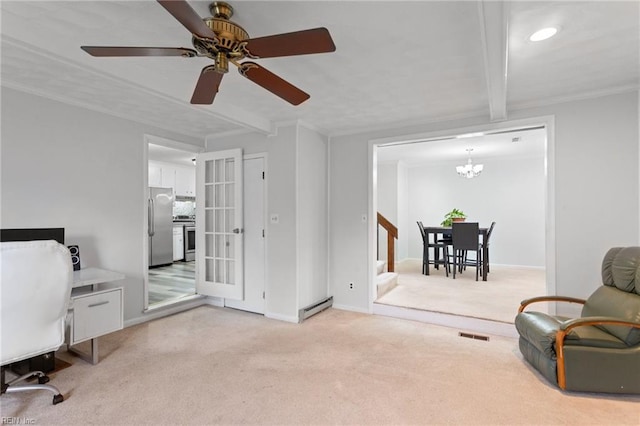 office with a baseboard heating unit, light colored carpet, ornamental molding, and beam ceiling