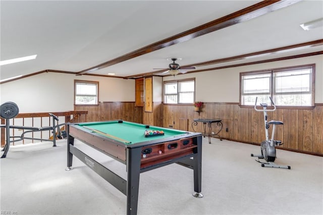 playroom featuring a ceiling fan, pool table, and wainscoting