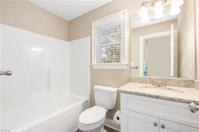 full bath with toilet, vanity, visible vents, and  shower combination