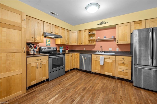 kitchen featuring light brown cabinets, a sink, dark countertops, under cabinet range hood, and stainless steel appliances