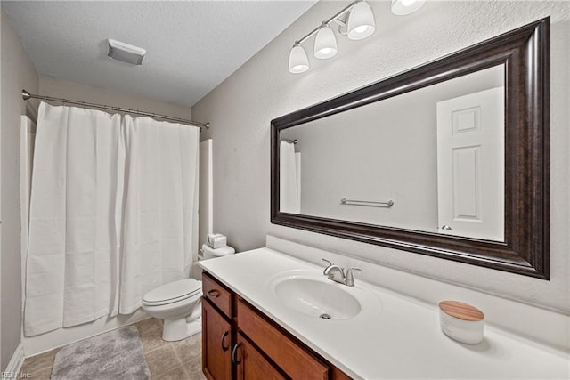 bathroom with shower / bath combination with curtain, a textured ceiling, vanity, toilet, and a textured wall