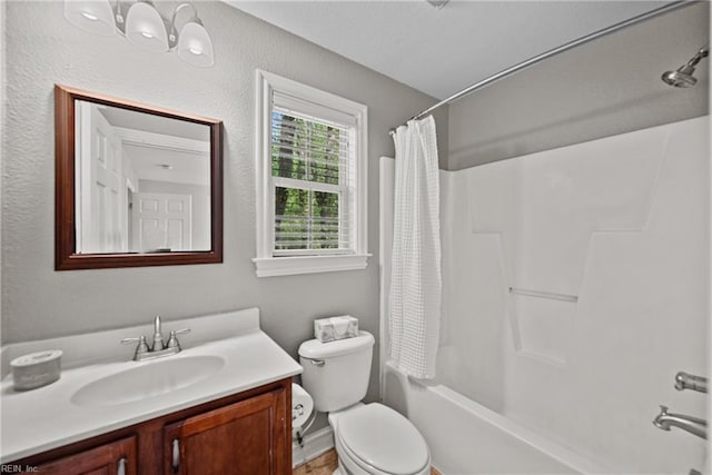 full bathroom with shower / tub combo, toilet, and vanity