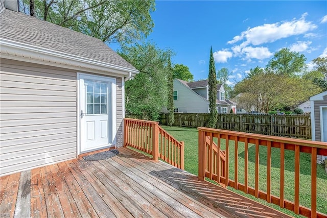 deck featuring fence and a lawn