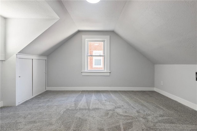 additional living space featuring baseboards, carpet, a textured ceiling, and vaulted ceiling
