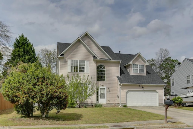 traditional-style home with a front yard, an attached garage, a shingled roof, and driveway