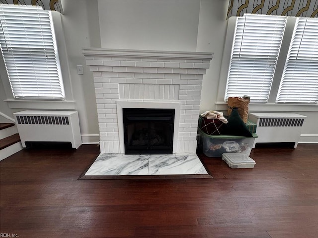 room details with radiator heating unit, a fireplace, baseboards, and wood finished floors