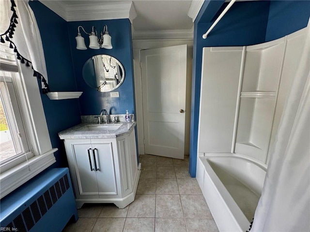 bathroom featuring shower / tub combo, ornamental molding, radiator, vanity, and tile patterned flooring